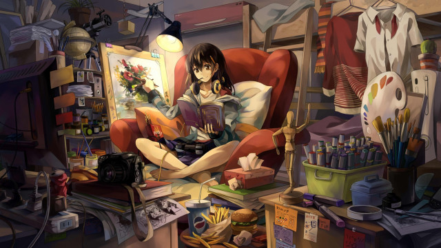 Woman chair messy room book free wallpaper for desktop - medium preview image