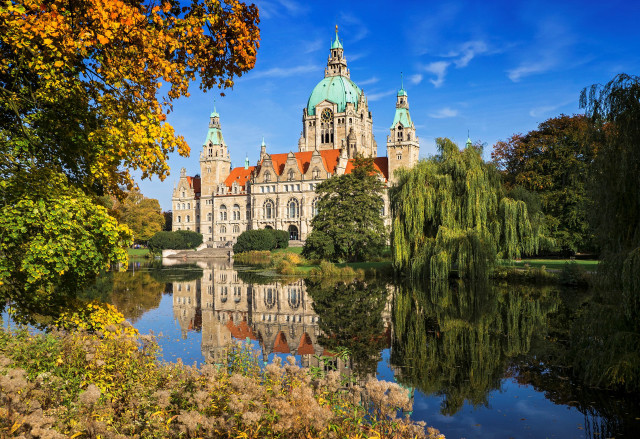 Castle pond trees blue sky free wallpaper for desktop - medium preview image