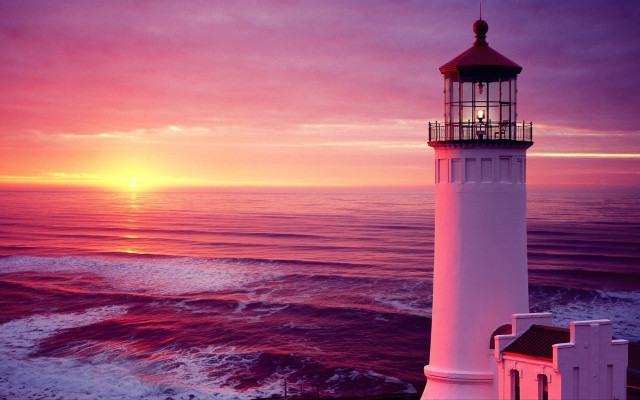 Lighthouse sunset water pink sky free wallpaper for desktop - medium preview image