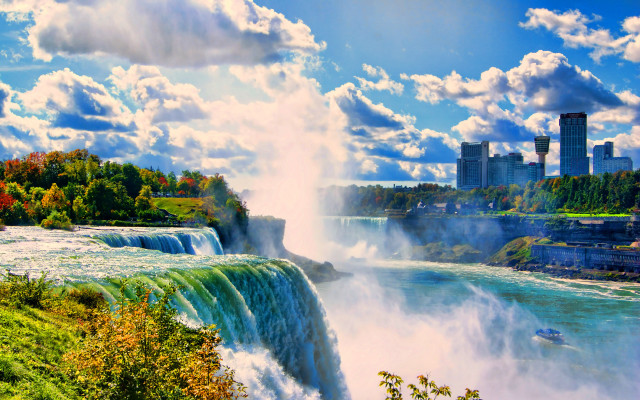 Waterfall boat city river background free wallpaper for desktop - medium preview image