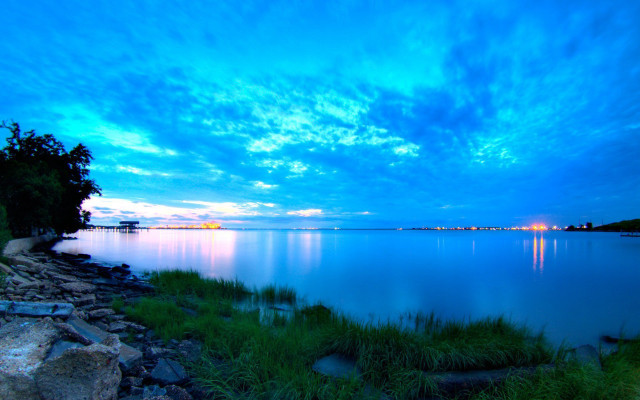 Blue sky clouds lake bench free wallpaper for desktop - medium preview image