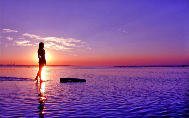 Woman beach sunset sun water free wallpaper for desktop - medium preview image