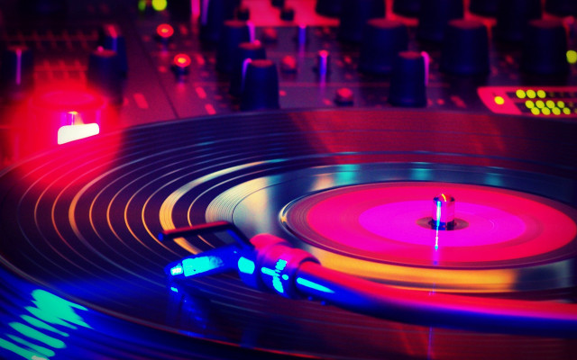 Record player neon lit cyberpunk free wallpaper for desktop - medium preview image