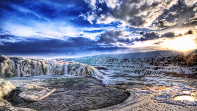 Frozen waterfall sun clouds blue free wallpaper for desktop - medium preview image