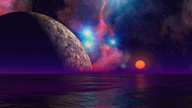 Planet ocean orange sun purple free wallpaper for desktop - medium preview image