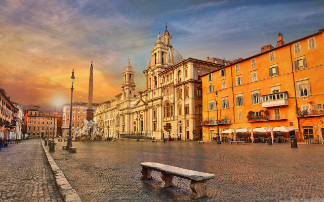 Bench cobblestone street tall building free wallpaper for desktop - medium preview image