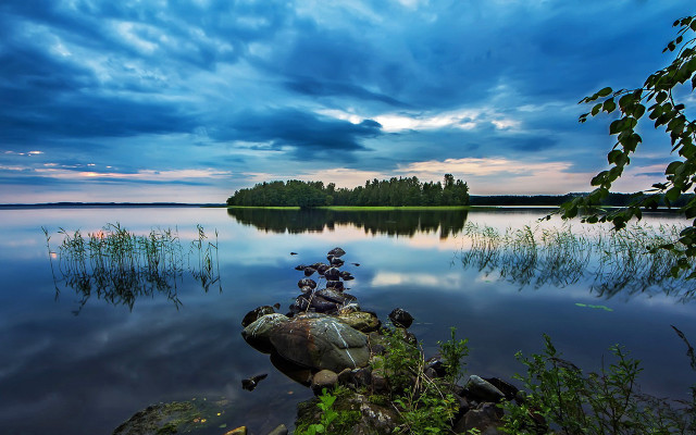 Rock formation lake sunset cloudy free wallpaper for desktop - medium preview image
