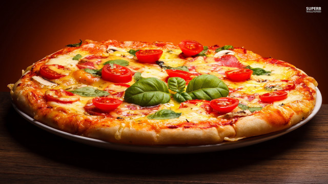 Pizza basil tomatoes cheese food free wallpaper for desktop - medium preview image