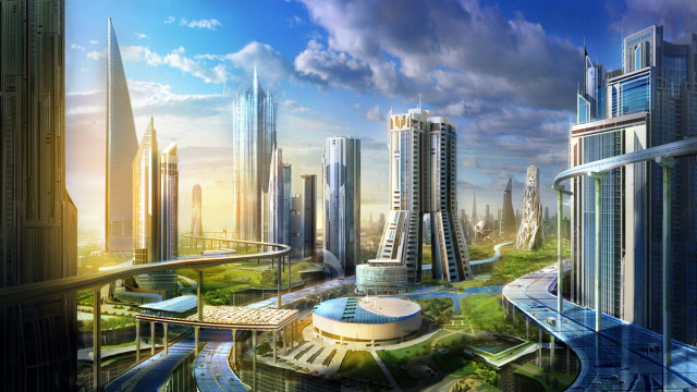 Futuristic city bridge building skyline free wallpaper for desktop - medium preview image