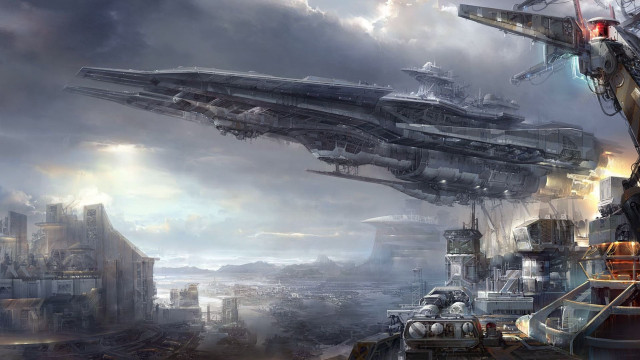 Futuristic city ship sky buildings free wallpaper for desktop - medium preview image