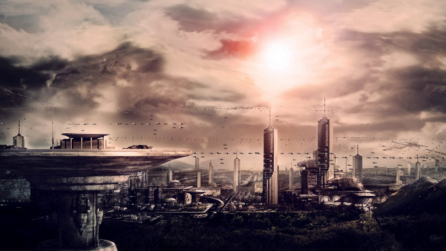 Afrofuturism cityscape sunset mountain bridge free wallpaper for desktop - medium preview image