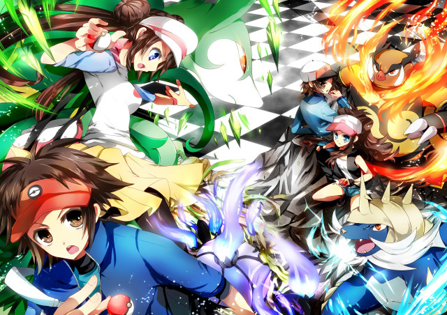 Anime characters checkered background green free wallpaper for desktop - medium preview image