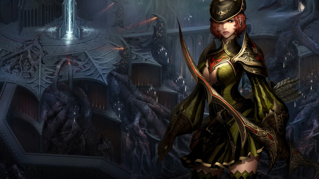 Woman costume sword dark room free wallpaper for desktop - medium preview image