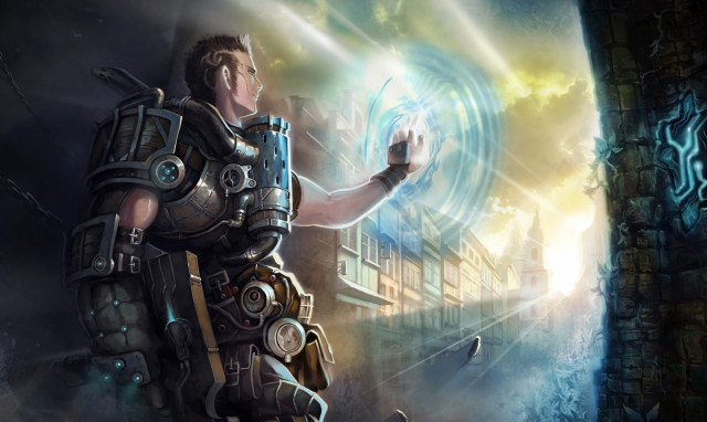 Futuristic man suit glowing orb free wallpaper for desktop - medium preview image