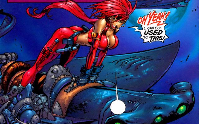 Comic boat woman red shark free wallpaper for desktop - medium preview image