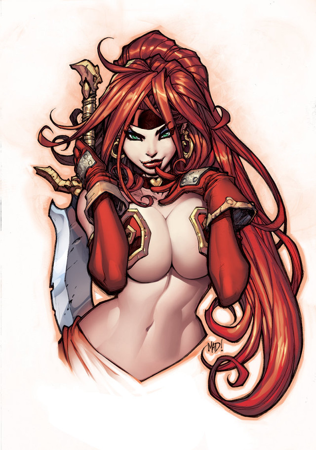 Woman red hair sword drawing free wallpaper for mobile - medium preview image