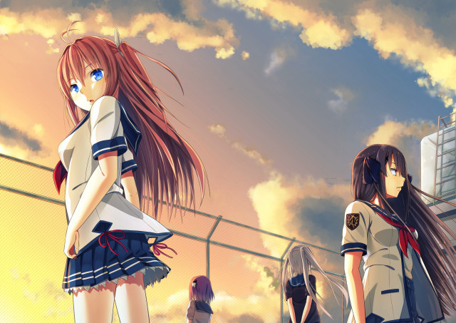 Anime girls fence sky background free wallpaper for desktop - medium preview image