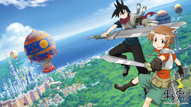 Anime characters flying swords city free wallpaper for desktop - medium preview image