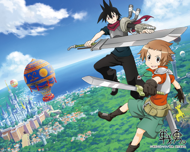 Anime couple swords cityscape balloon free wallpaper for desktop - medium preview image