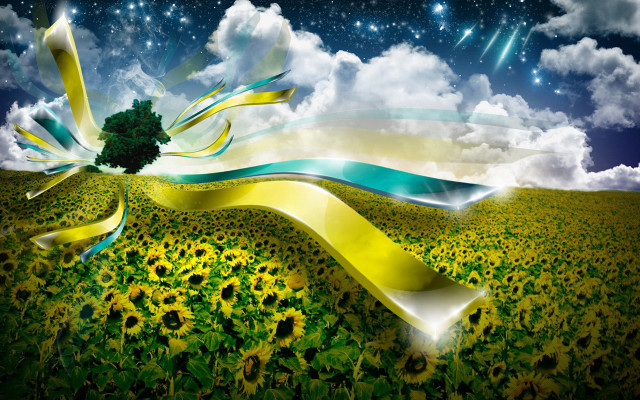 Sunflower field tree ribbon sky free wallpaper for desktop - medium preview image