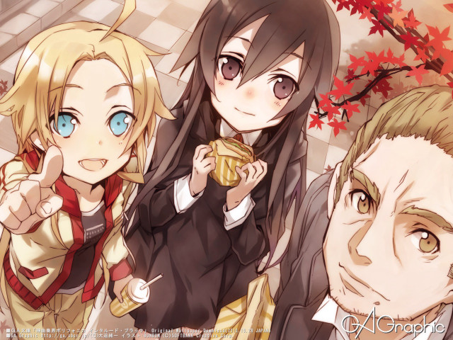 Anime characters coffee pointing together free wallpaper for desktop - medium preview image