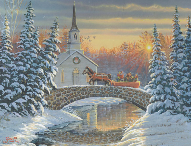 Church bridge carriage snow painting free wallpaper for desktop - medium preview image