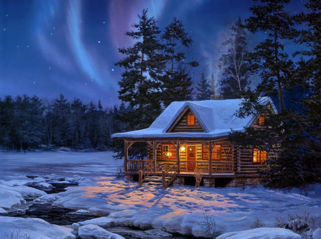 Cabin woods stream aurora lights #2 free wallpaper for desktop - medium preview image