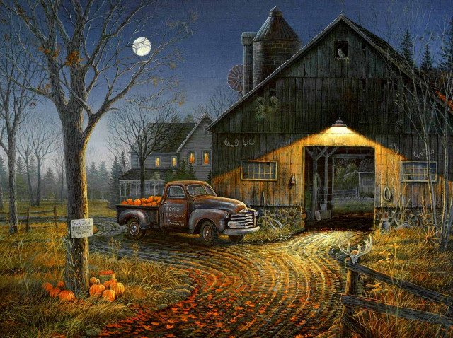 Truck barn night full moon free wallpaper for desktop - medium preview image