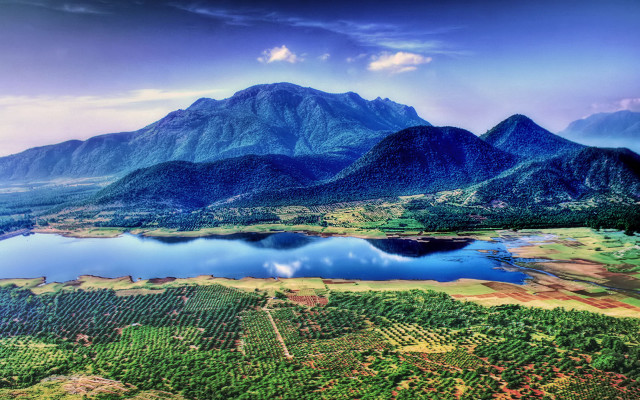 Scenic mountain range lake forest free wallpaper for desktop - medium preview image