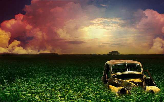 Car field sky clouds background free wallpaper for desktop - medium preview image