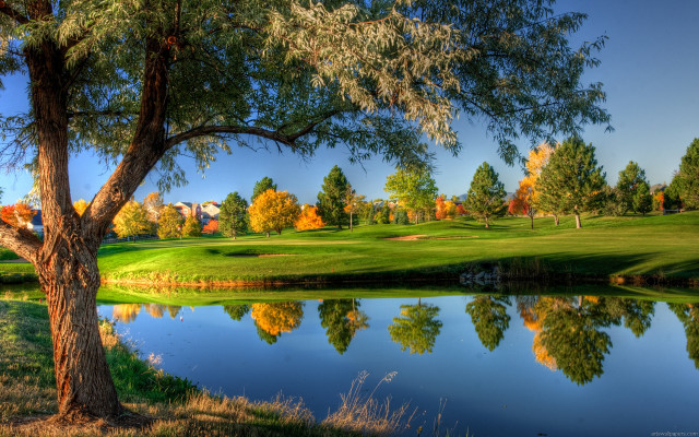 Golf course pond trees background free wallpaper for desktop - medium preview image