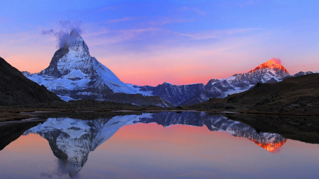 Mountain reflection water sunset pink #3 free wallpaper for desktop - medium preview image