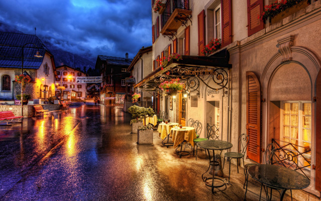 Rainy street tables chairs clock free wallpaper for desktop - medium preview image