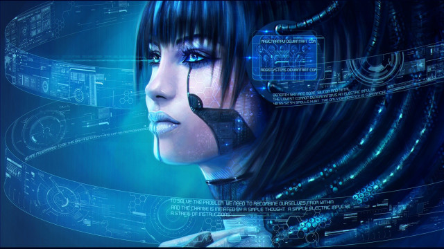Futuristic woman interface blue background free wallpaper for desktop - medium preview image