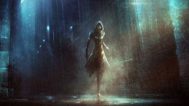 Woman raincoat dark alleyway rain free wallpaper for desktop - medium preview image