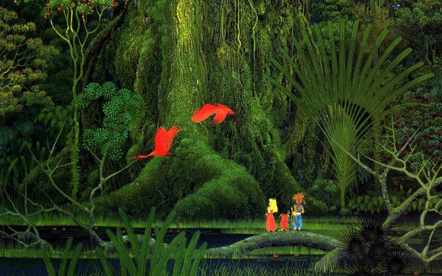 Couple forest red umbrellas waterfall free wallpaper for desktop - medium preview image