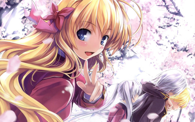 Blonde girls anime cherryblossoms school free wallpaper for desktop - medium preview image
