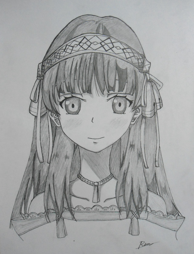 Girl long hair hat drawing free wallpaper for mobile - medium preview image
