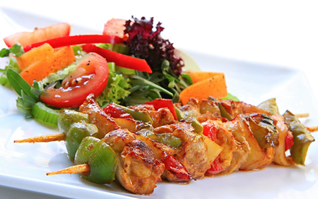 Plate salad chicken skewers dressing #2 free wallpaper for desktop - medium preview image
