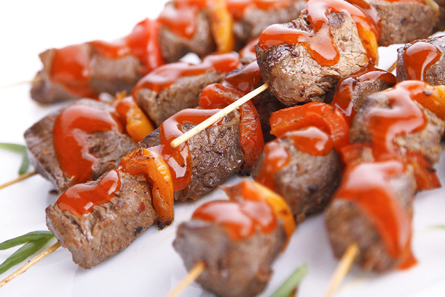 Skewer meat vegetables ketchup white free wallpaper for desktop - medium preview image