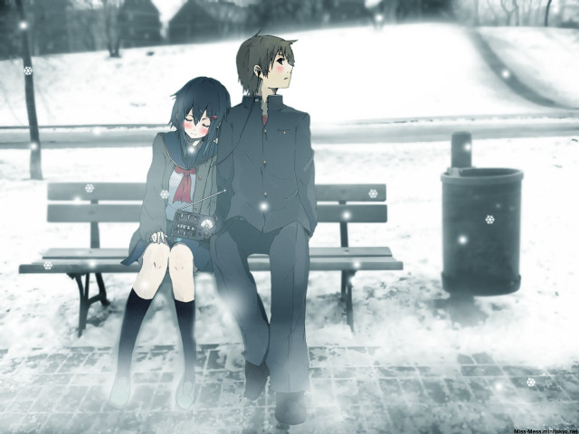 Couple bench snow trash canister free wallpaper for desktop - medium preview image