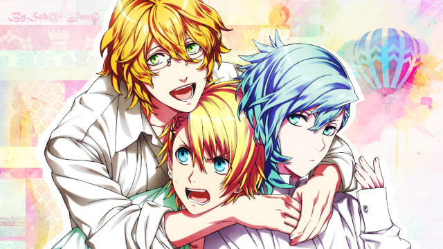 Anime characters hugging colorful background free wallpaper for desktop - medium preview image