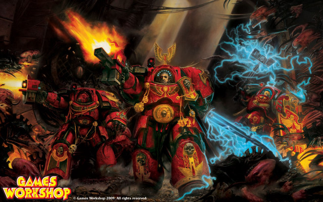 Warhammer flames red suit man free wallpaper for desktop - medium preview image