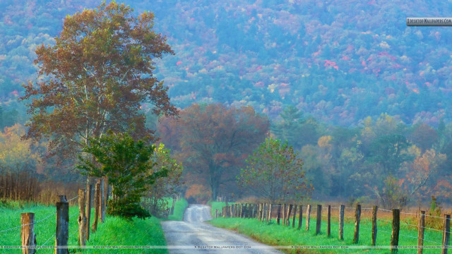 Country road fence trees mountain free wallpaper for desktop - medium preview image