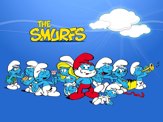 Smurfs lined up blue background free wallpaper for desktop - medium preview image