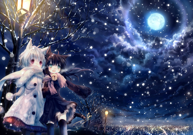 Snowy night anime characters hugging free wallpaper for desktop - medium preview image