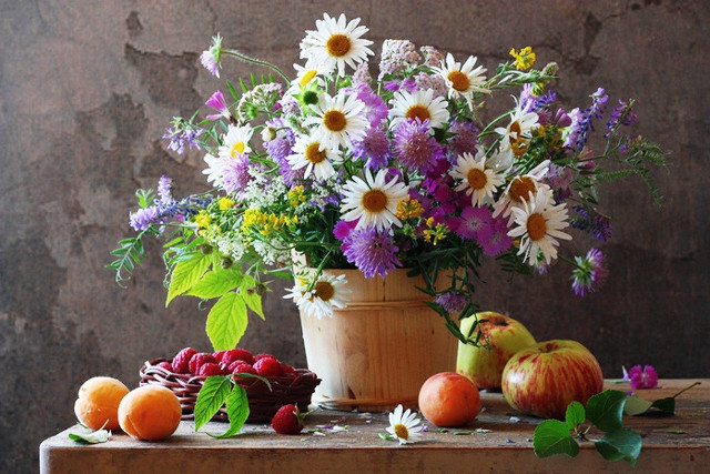 Vase filled flowers fruit table free wallpaper for desktop - medium preview image