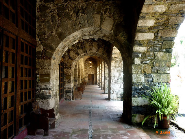 Stone building hallway doors bench free wallpaper for desktop - medium preview image