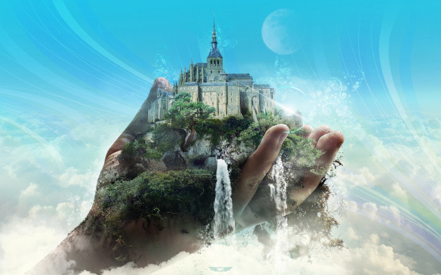 Hand holding waterfall castle sky free wallpaper for desktop - medium preview image