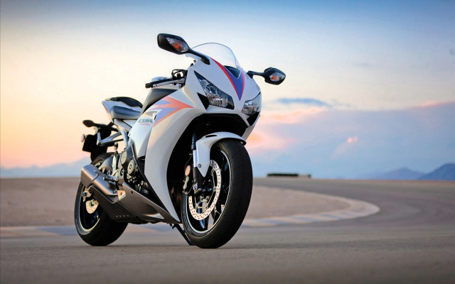 White motorcycle mountain sunset dawn free wallpaper for desktop - medium preview image